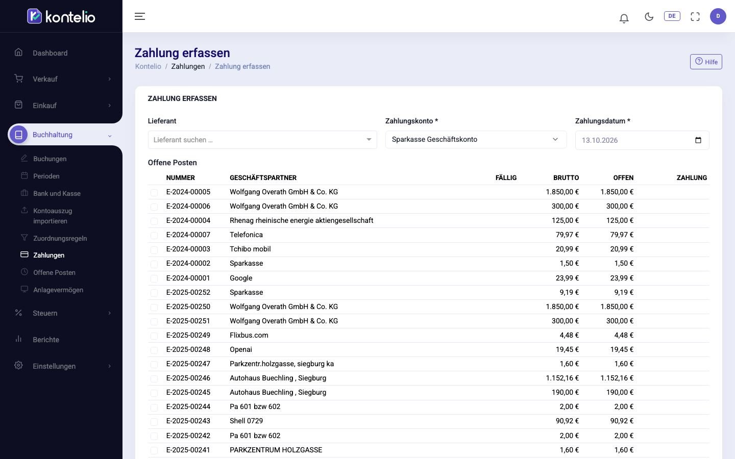 Der Editor für eine neue Zahlung