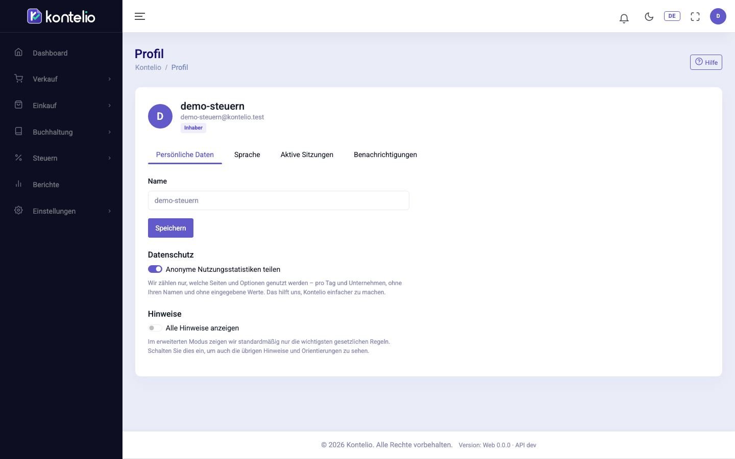 Das Profil mit dem Reiter für persönliche Daten