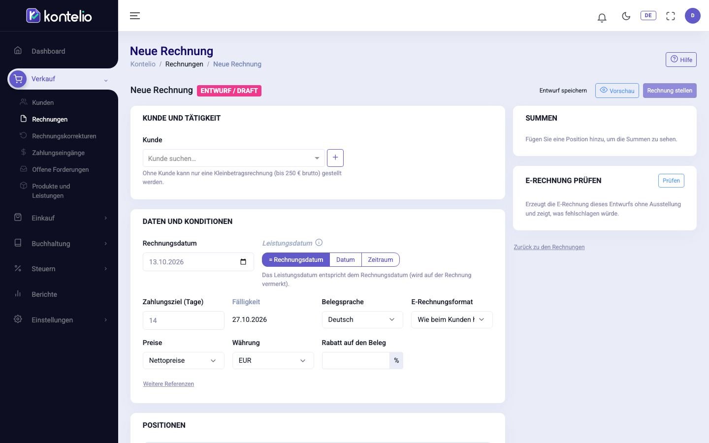 Der Editor einer neuen Rechnung