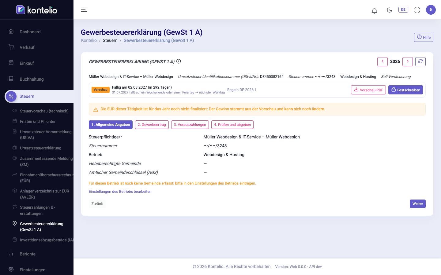 Bildschirmfoto aus Kontelio: Gewerbesteuer