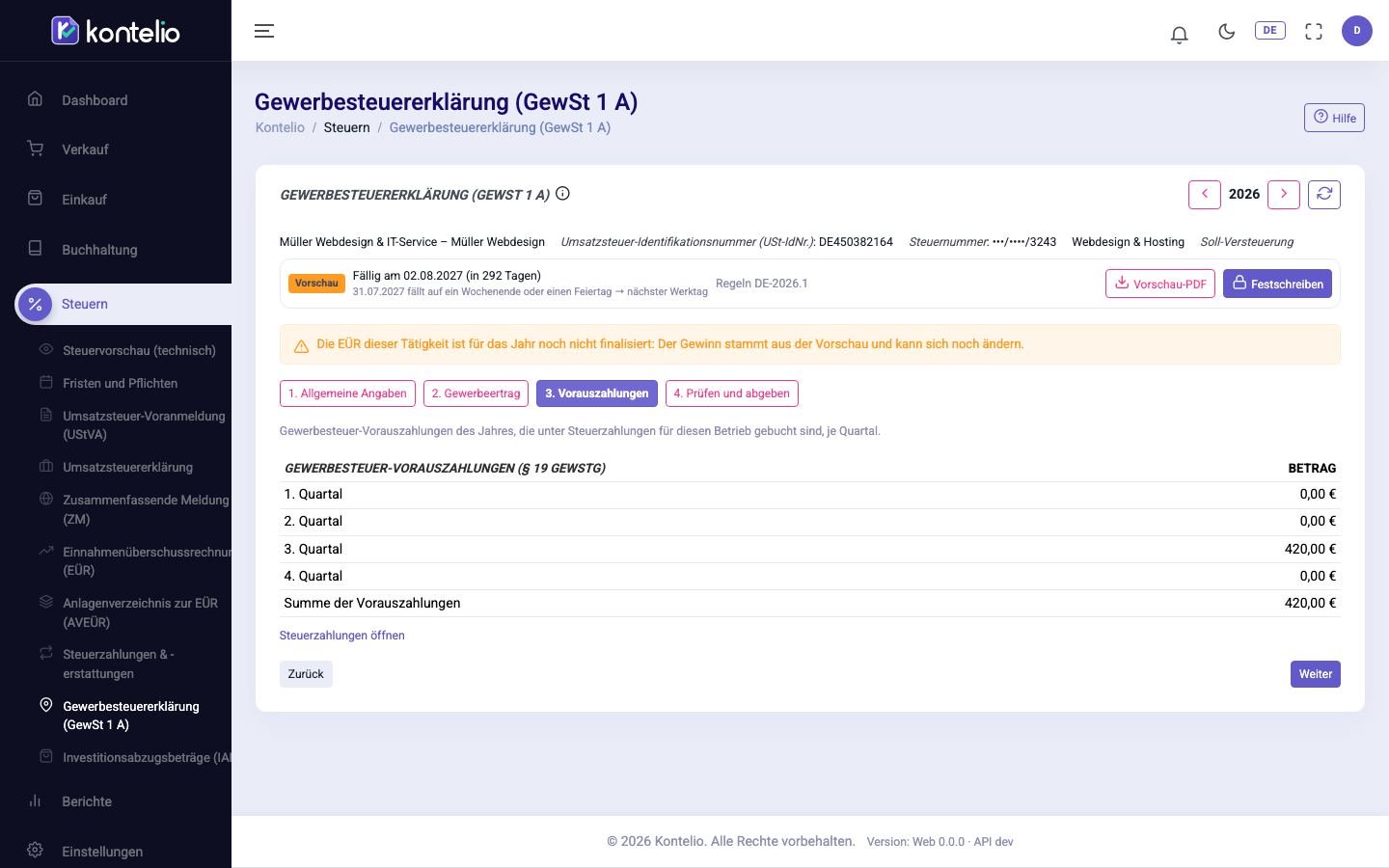 Der Schritt mit den Gewerbesteuer-Vorauszahlungen je Quartal