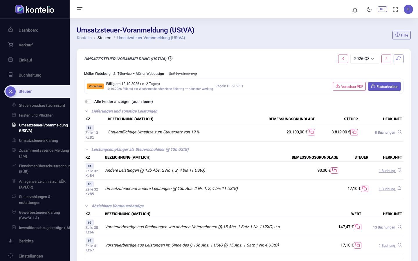 Die Voranmeldung eines Quartals im Status Vorschau