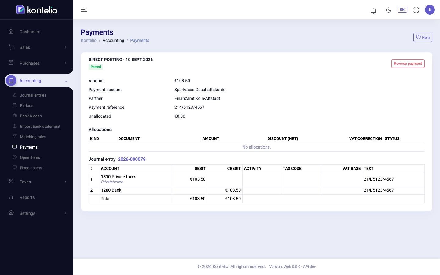 A posted payment with allocations and journal entry