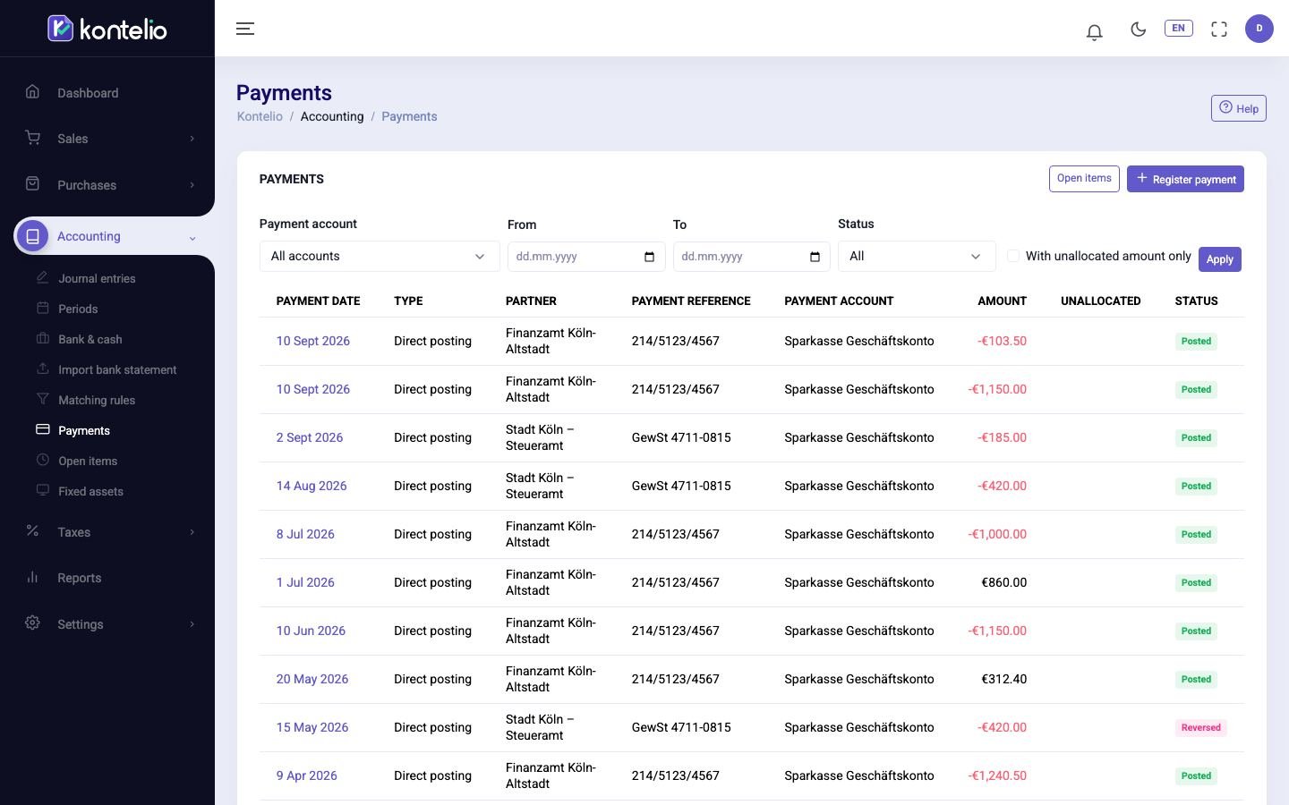The list of payments with filters