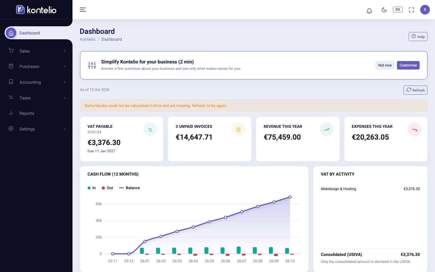 The dashboard with side menu and header
