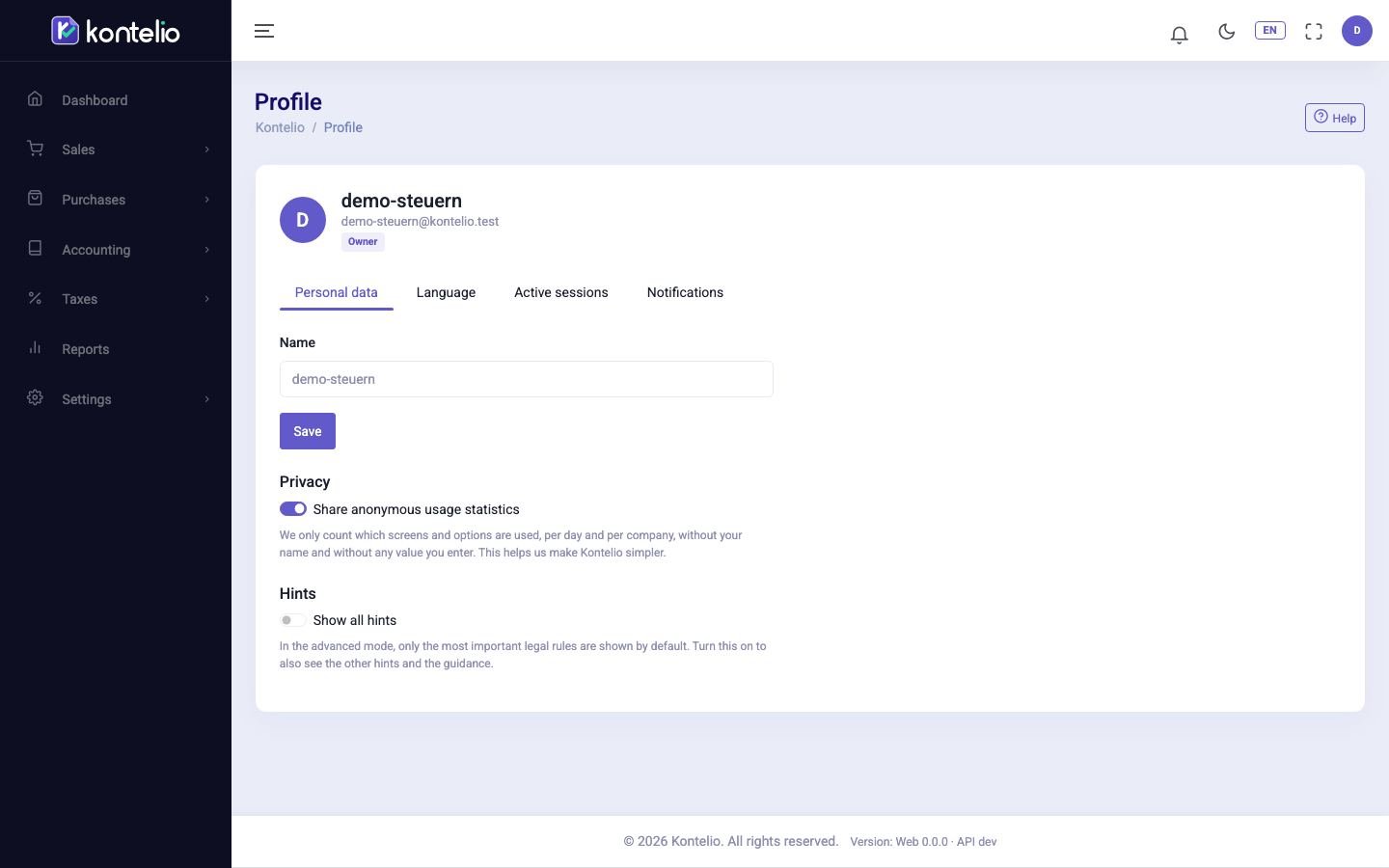The profile with the personal data tab