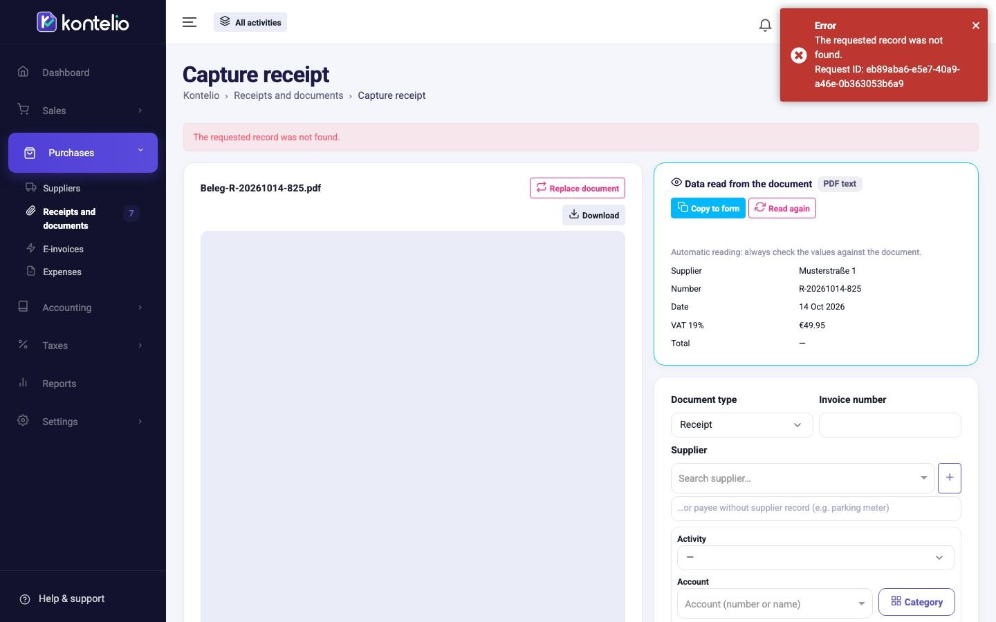 Screenshot from Kontelio: Capture receipts