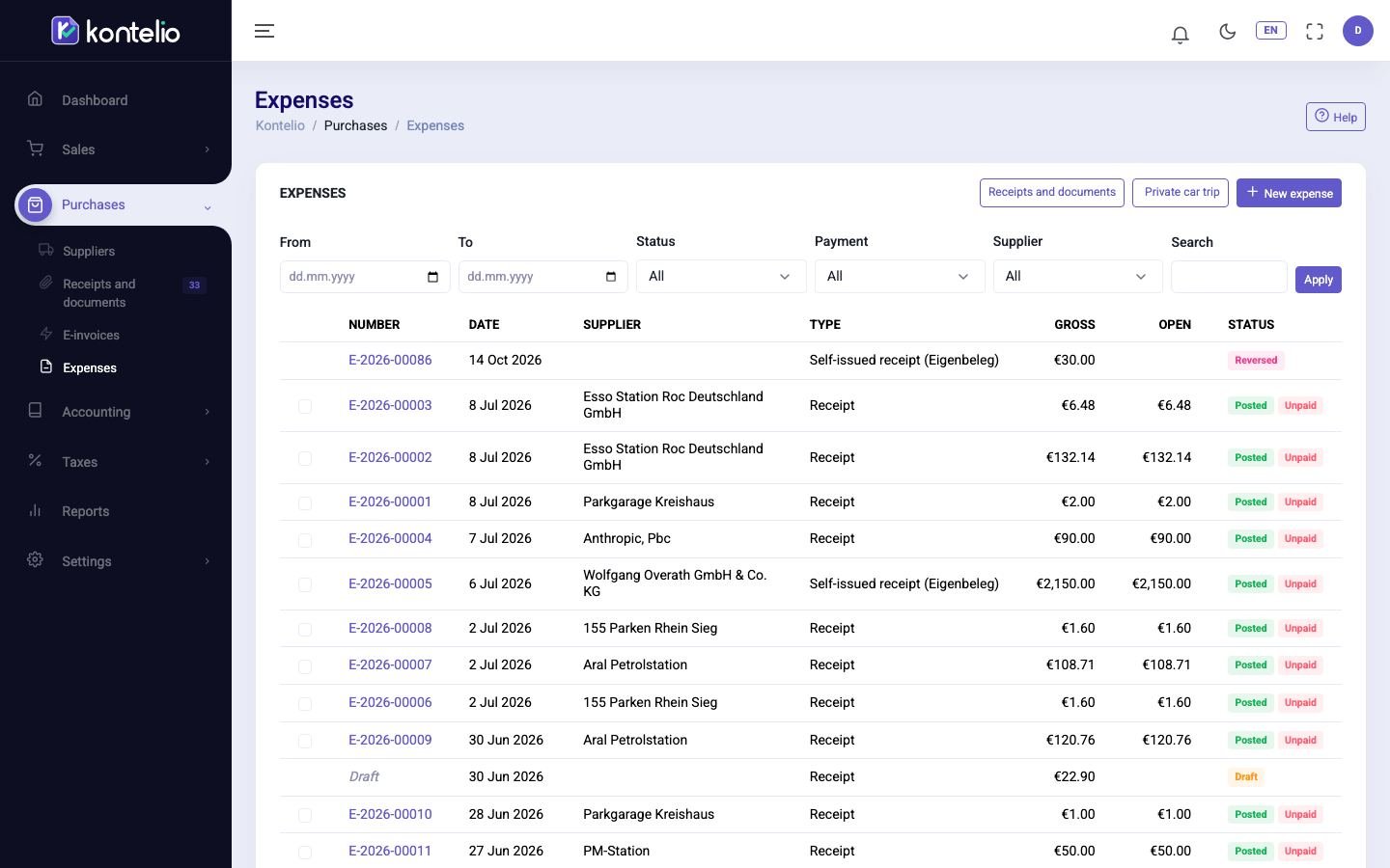 The list of expenses with filters