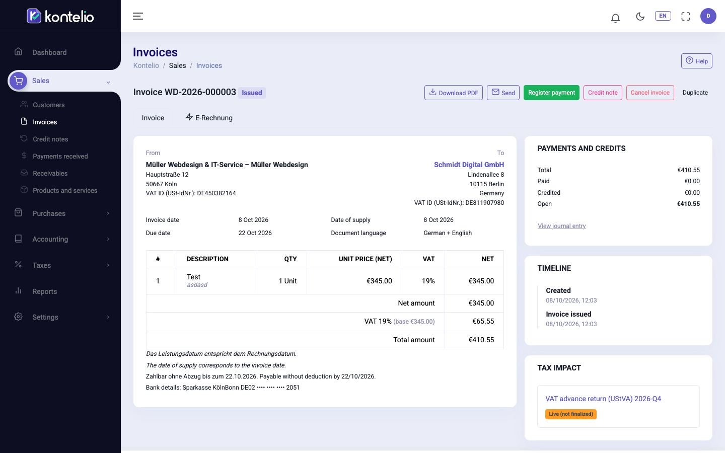 An issued invoice with payment status, history and tax impact