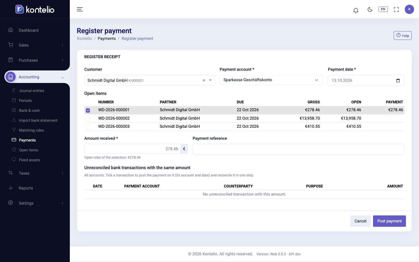 The incoming payment with the invoices already selected