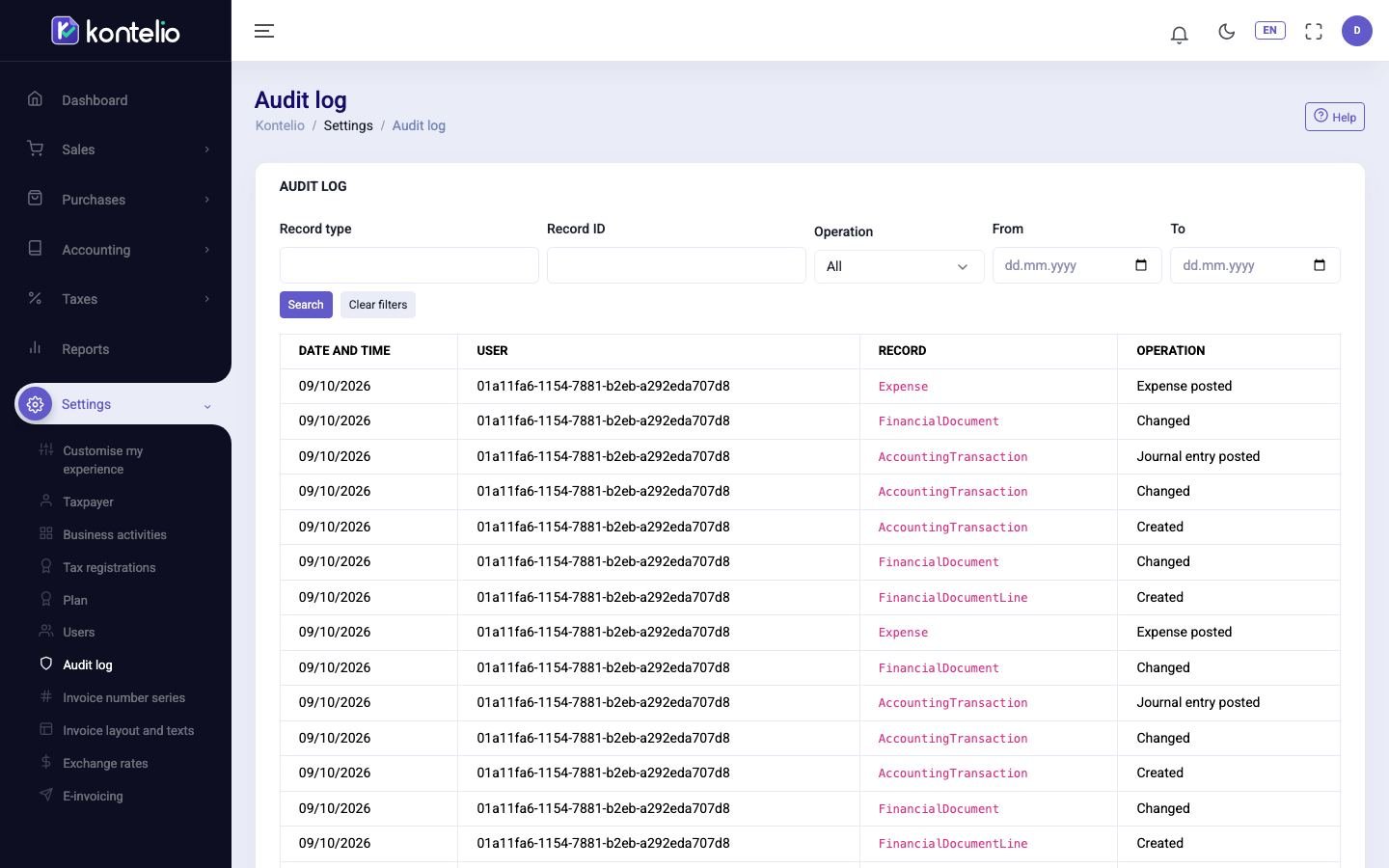 The audit log with filters