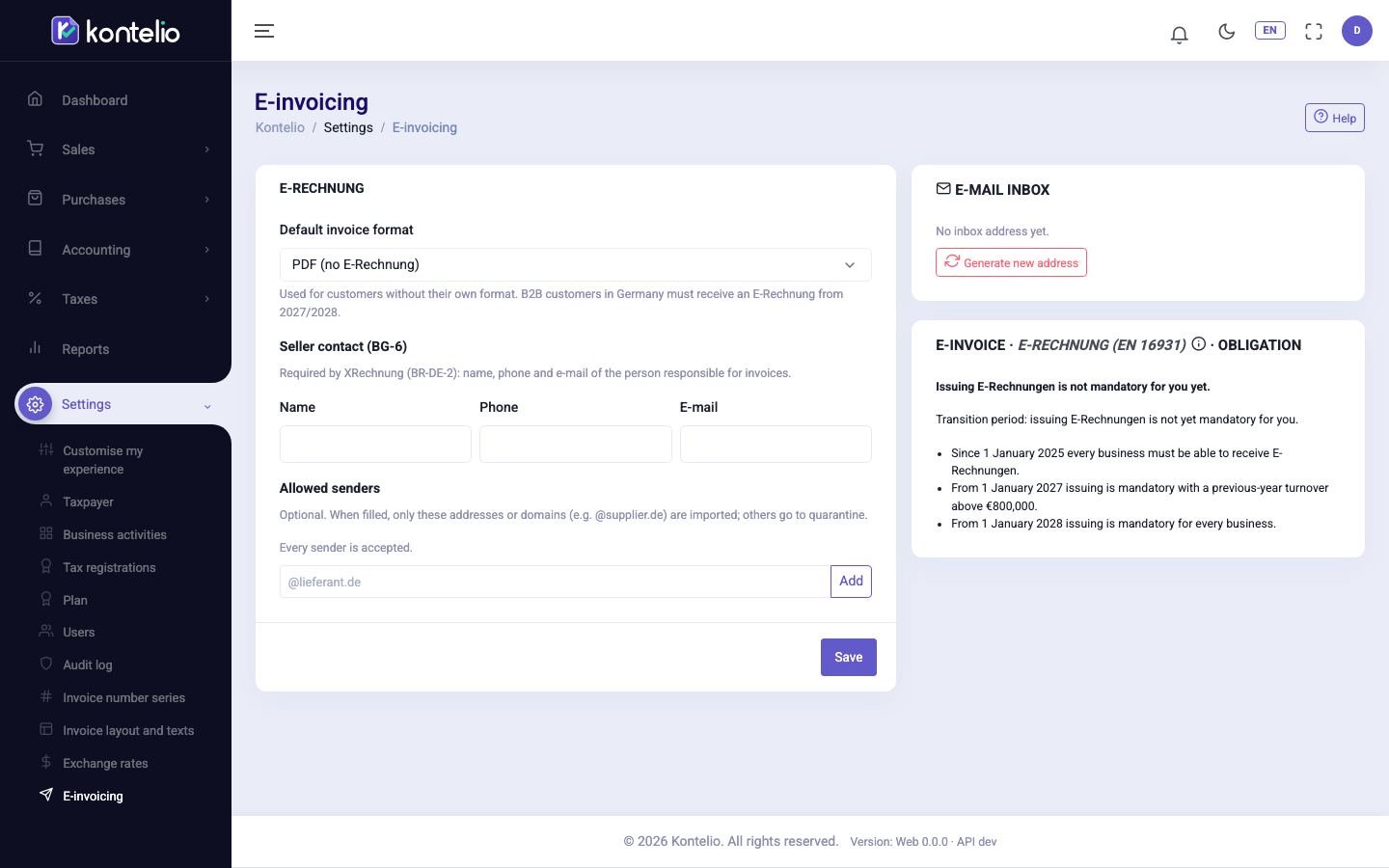 The e-invoicing settings