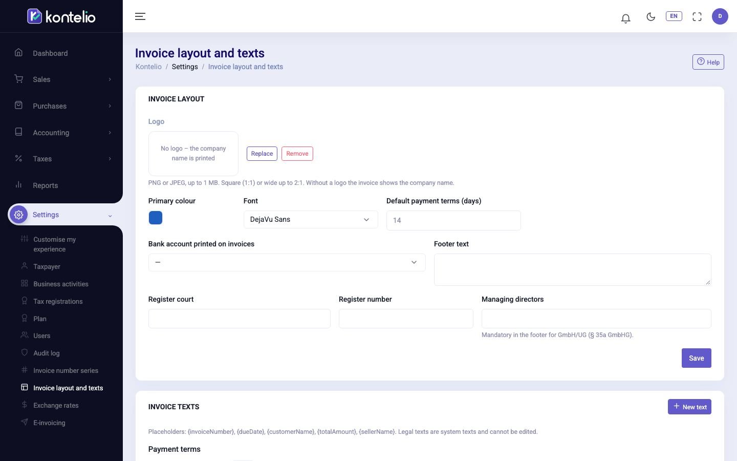 Invoice layout and invoice texts