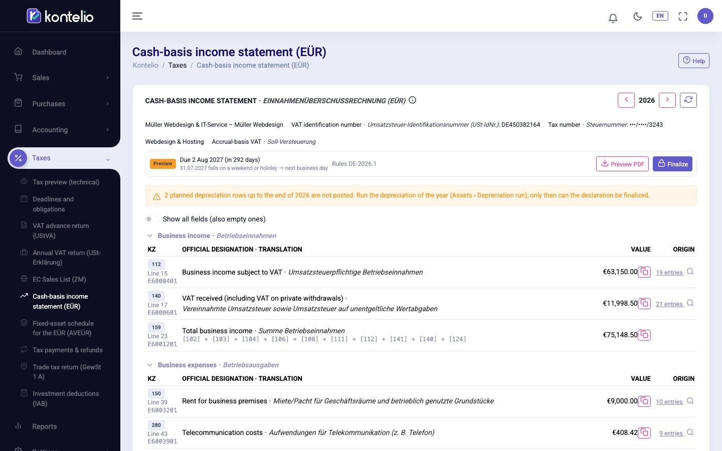 The Anlage EÜR of an activity in the status Preview