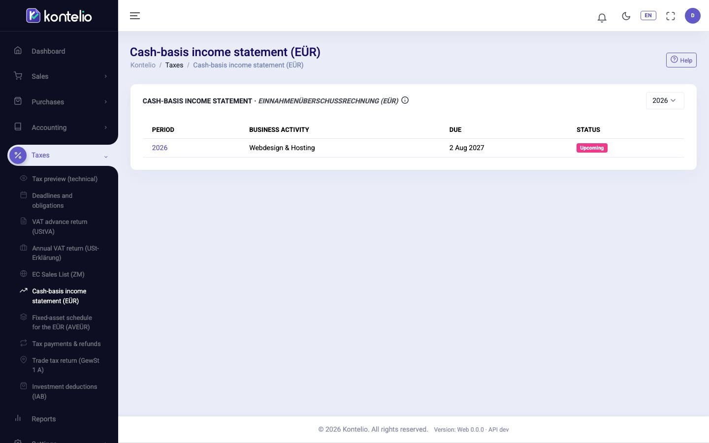 Screenshot from Kontelio: Profit statement (Einnahmenüberschussrechnung)