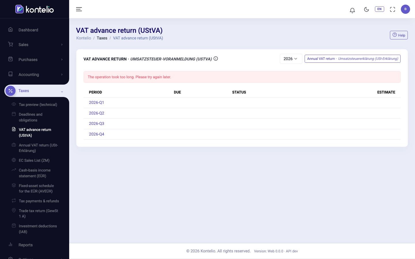 Screenshot from Kontelio: Advance VAT return (Umsatzsteuer-Voranmeldung)