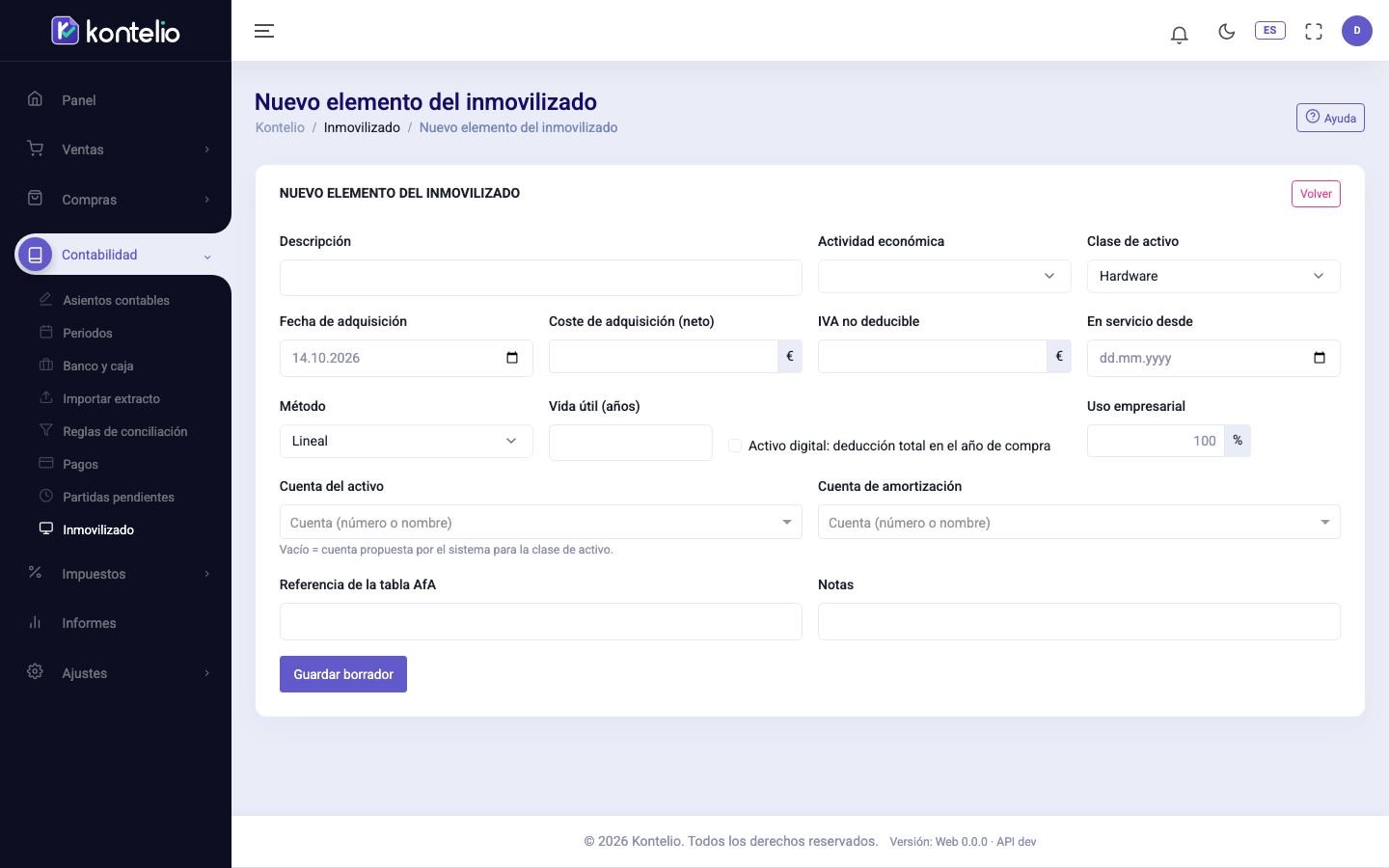 El formulario de un nuevo bien del inmovilizado