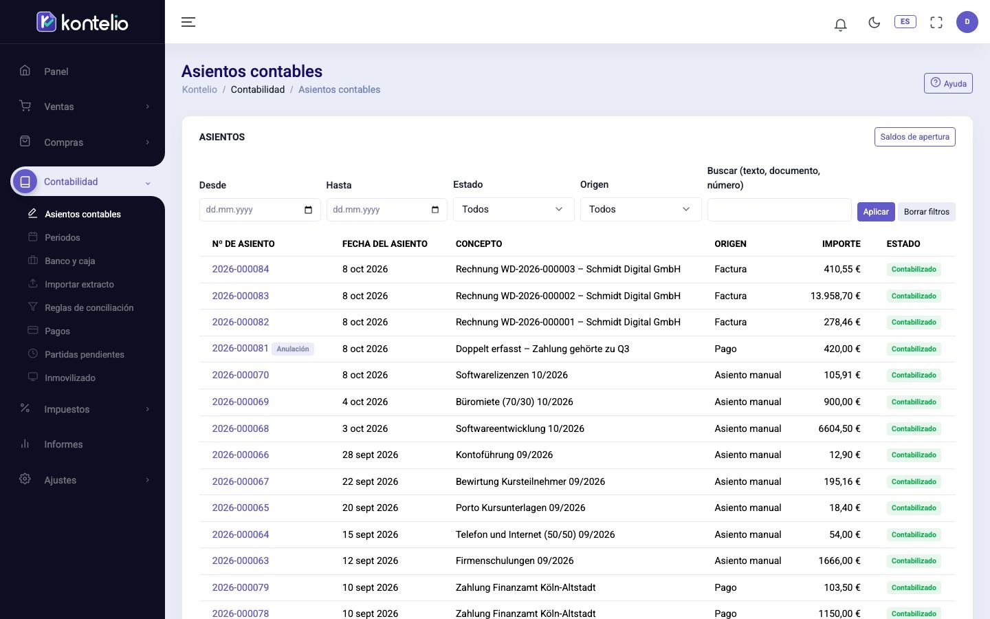 La lista de asientos con filtros