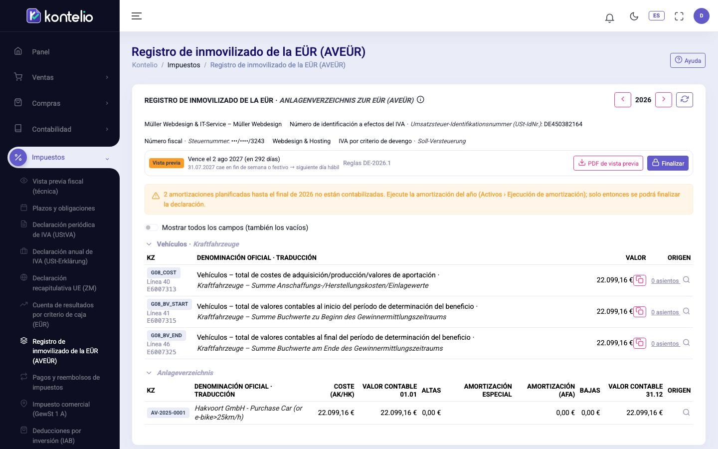 La Anlage AVEÜR de una actividad con las columnas del formulario