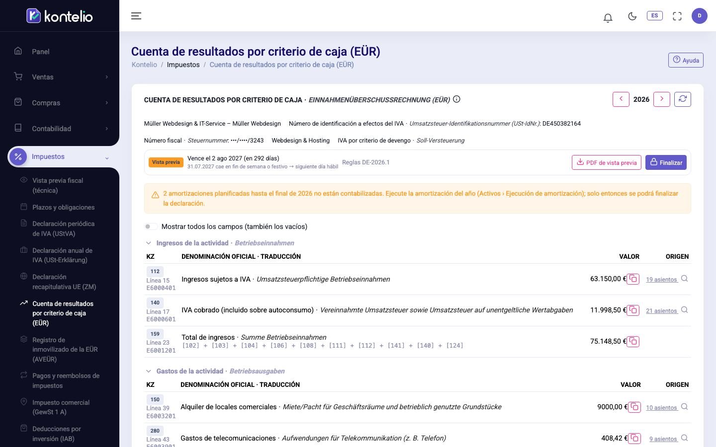 La Anlage EÜR de una actividad en estado Vista previa