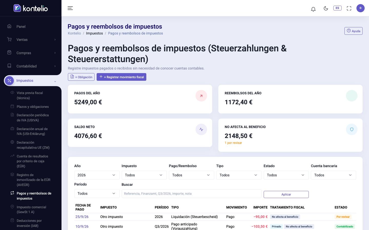 La lista de movimientos de impuestos de un año