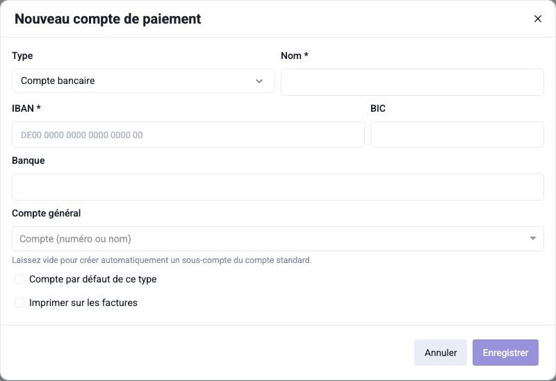 La boîte de dialogue d'un nouveau compte de paiement