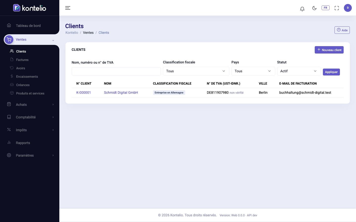 La liste des clients avec recherche et filtres