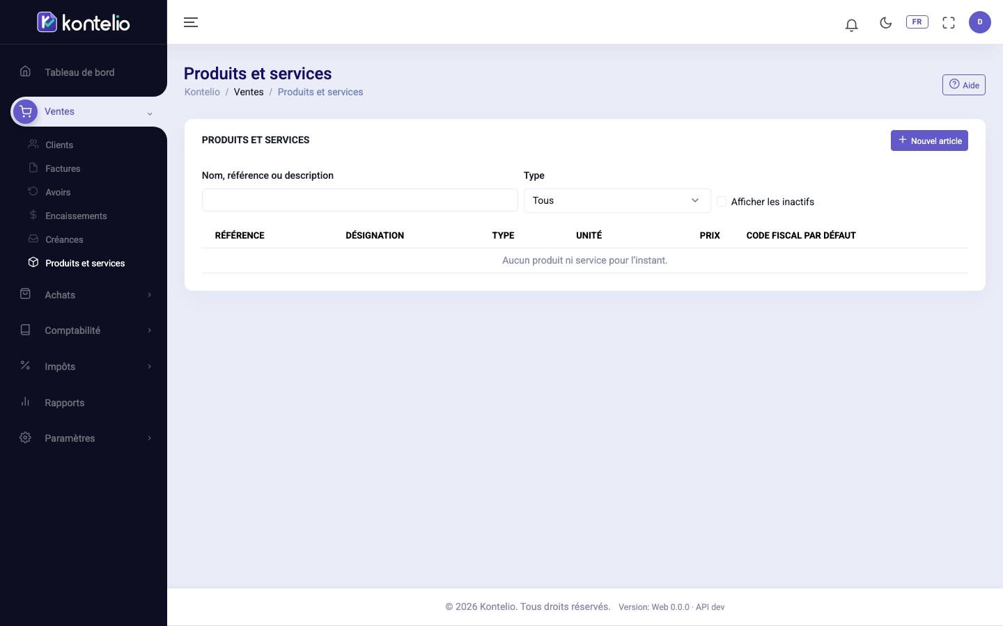 La liste des produits et services