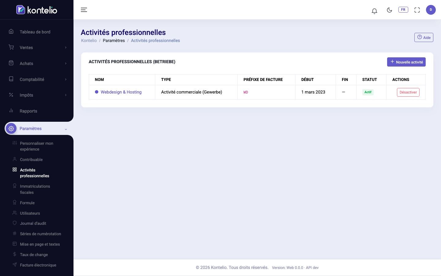 La liste des activités