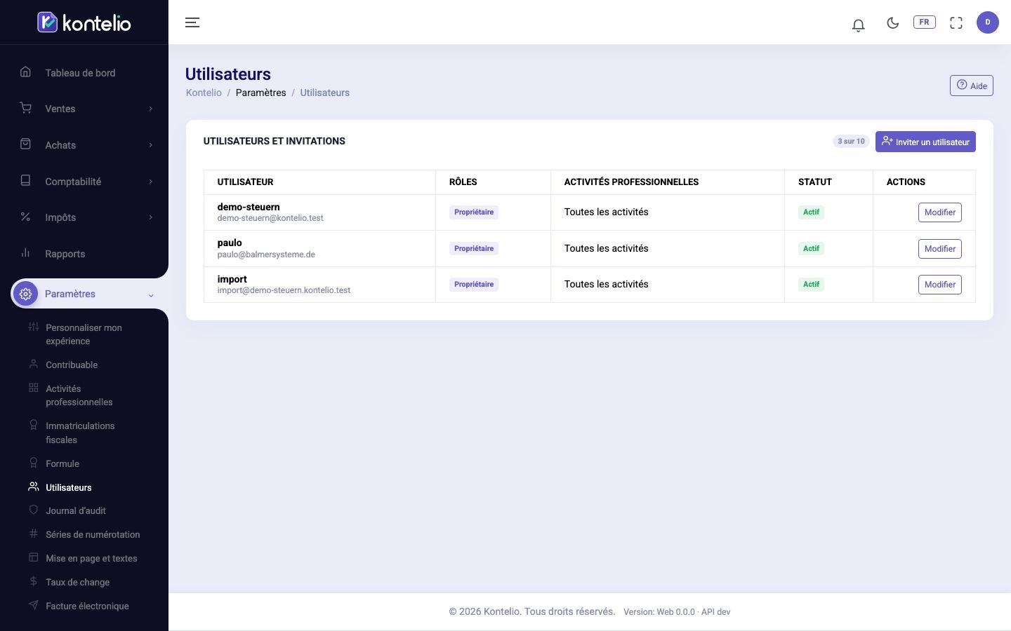 La liste des utilisateurs et des invitations