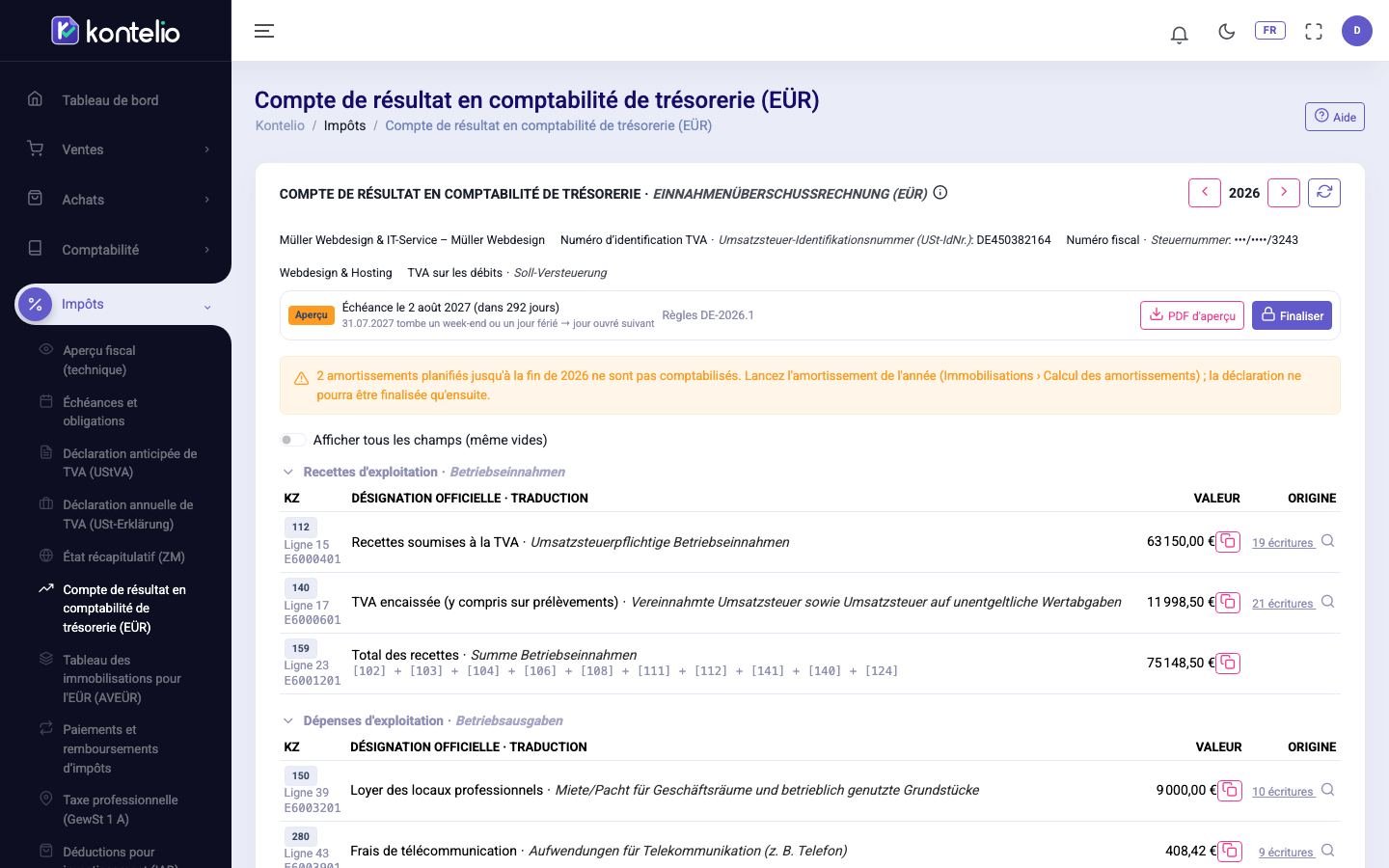 L'Anlage EÜR d'une activité au statut Aperçu