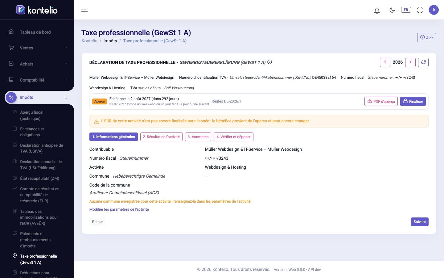 Capture d’écran de Kontelio : Taxe professionnelle (Gewerbesteuer)