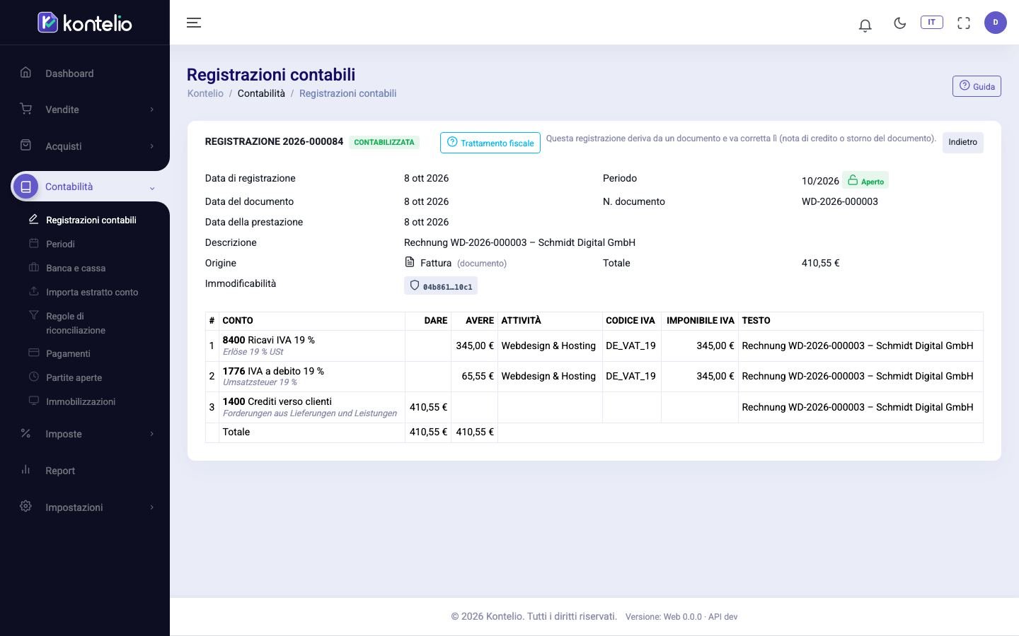 Una registrazione contabilizzata con le sue righe