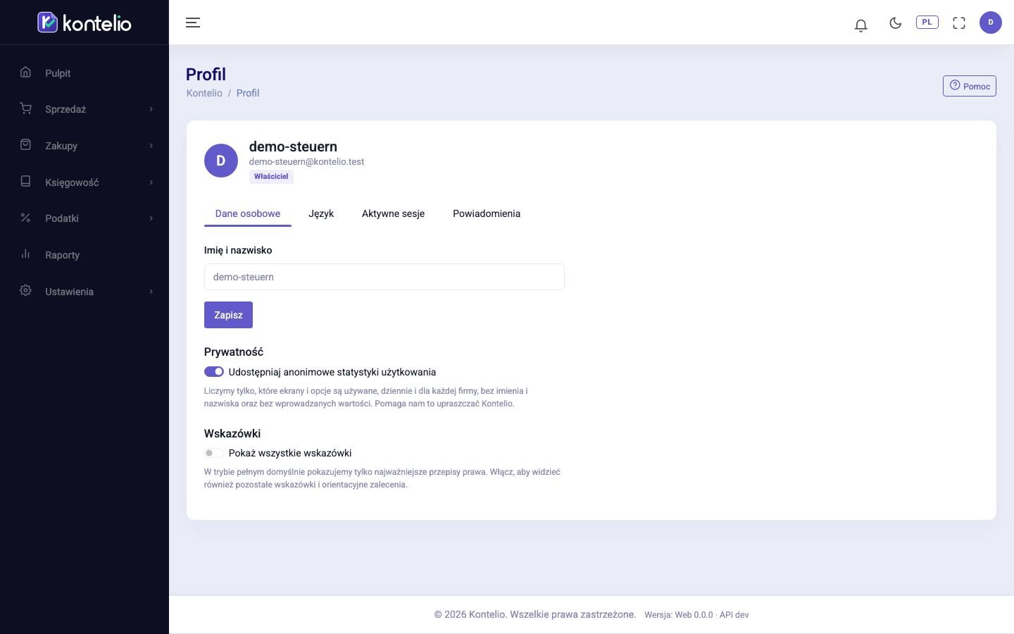 Profil z kartą danych osobowych