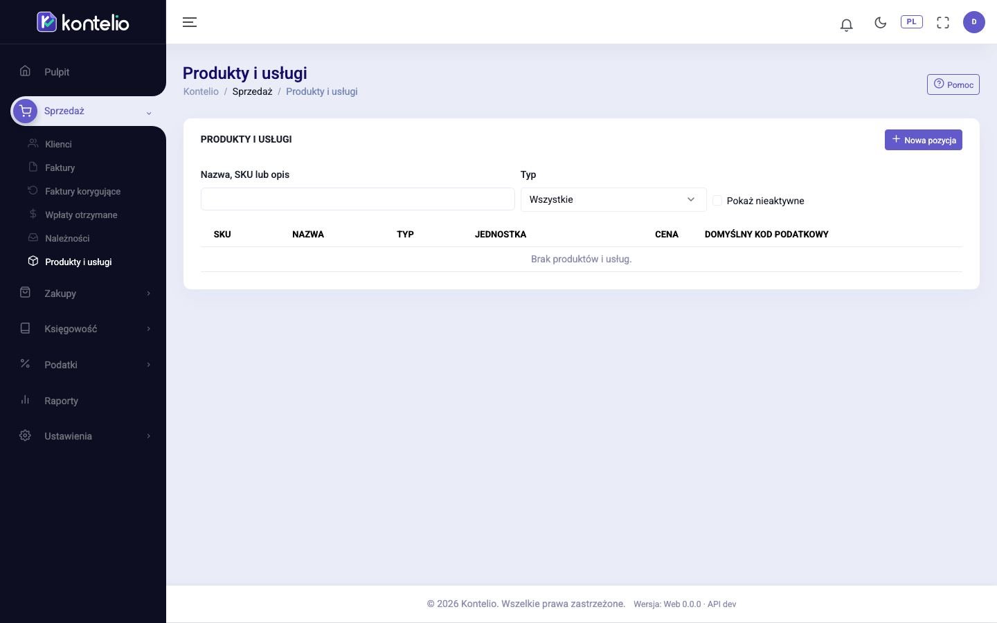 Lista produktów i usług