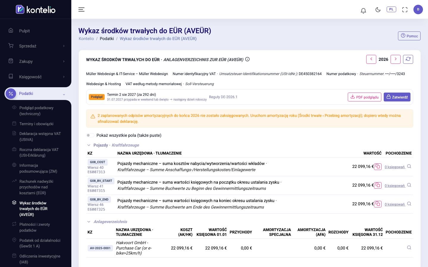 Anlage AVEÜR działalności z kolumnami urzędowego formularza