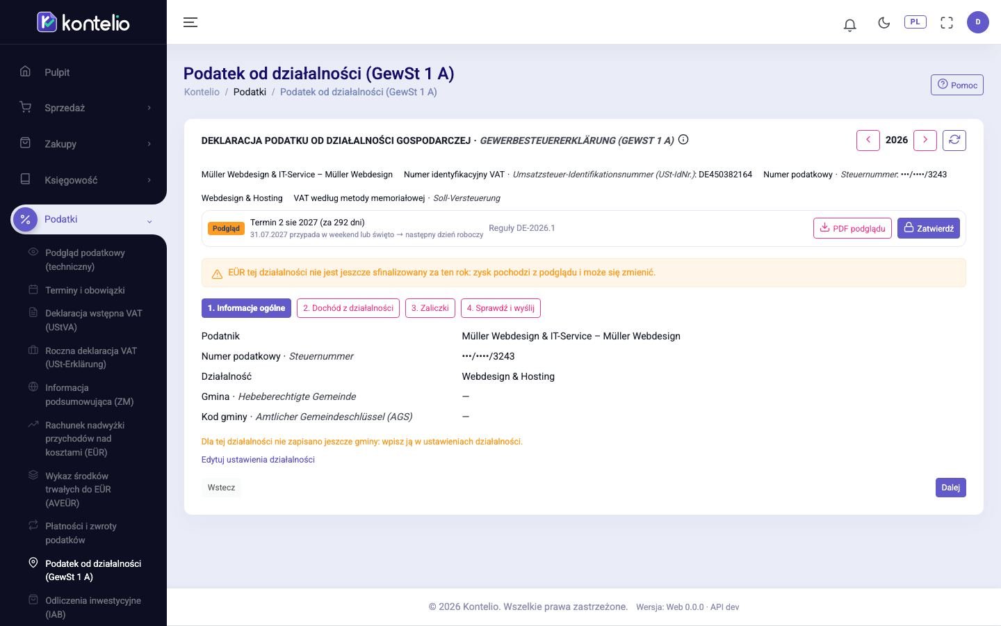 Zrzut ekranu z Kontelio: Gewerbesteuer
