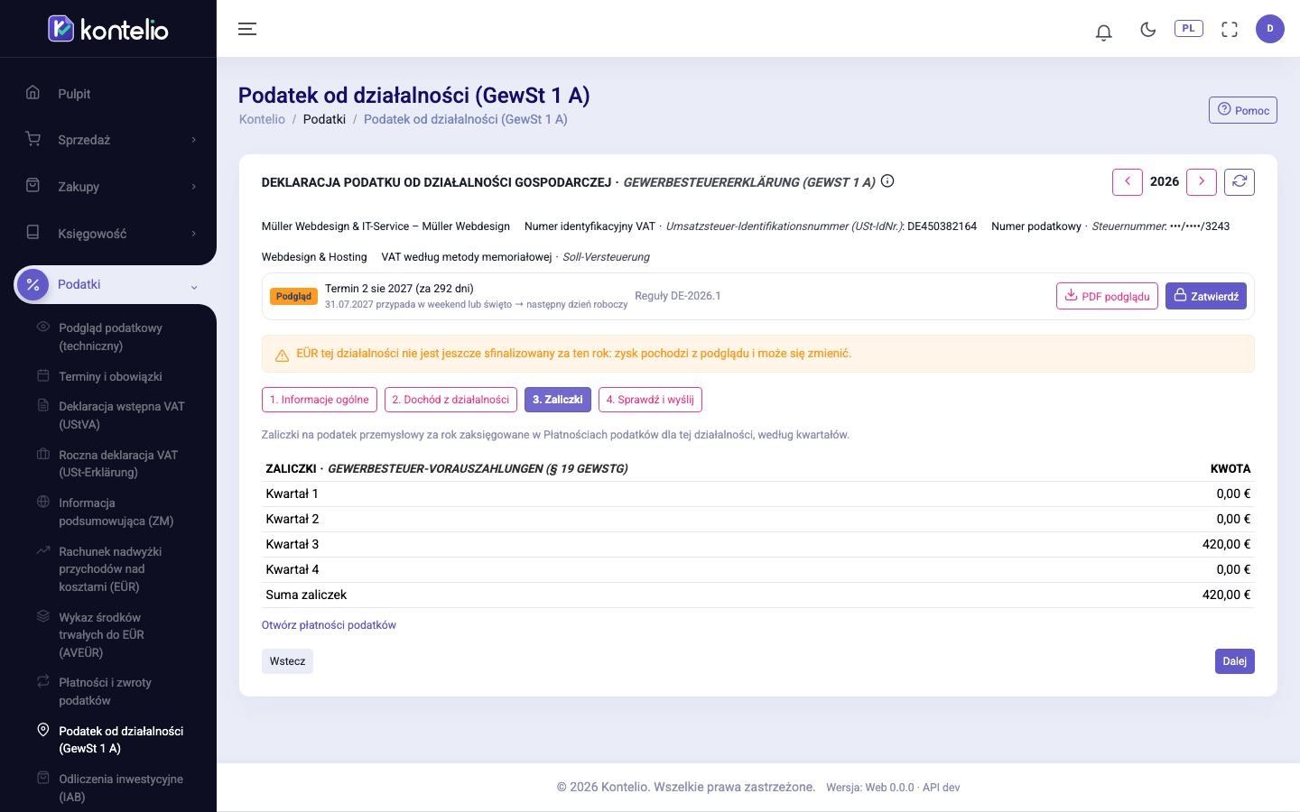 Krok z zaliczkami na podatek od działalności gospodarczej według kwartałów