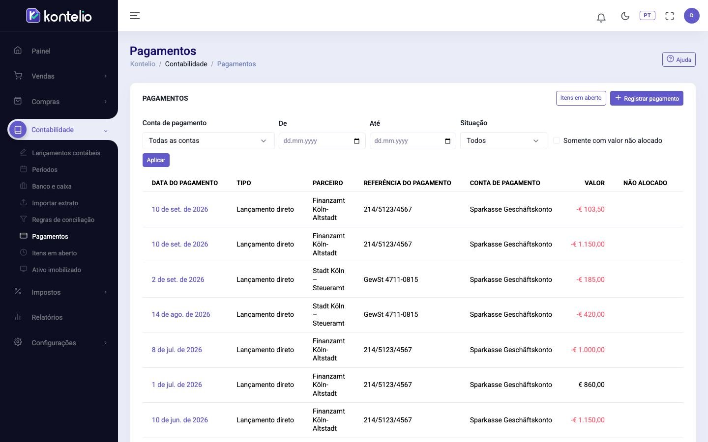 A lista de pagamentos com filtros