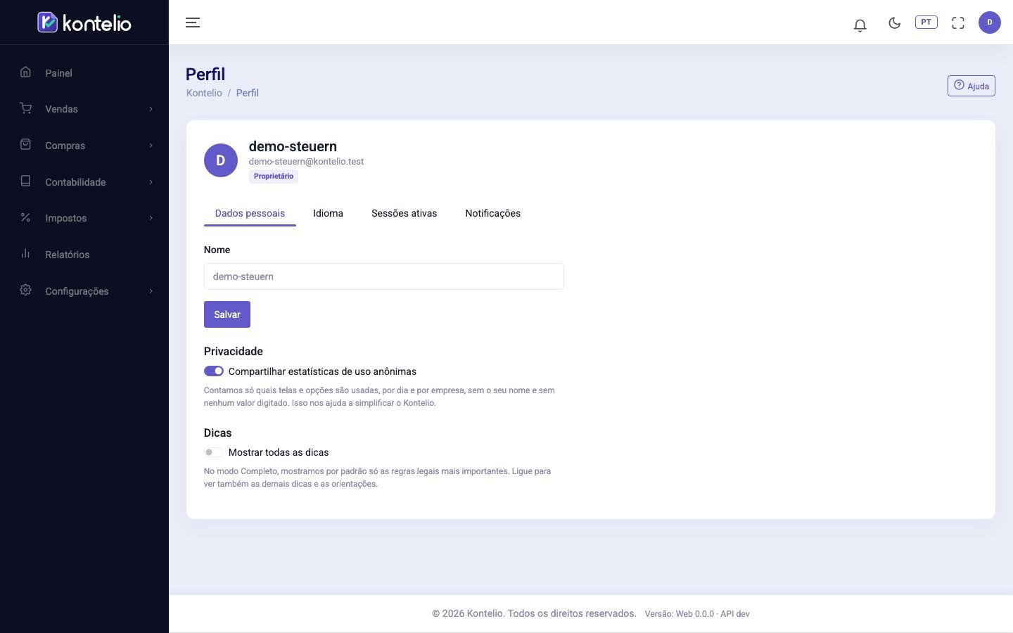 O perfil com a aba de dados pessoais