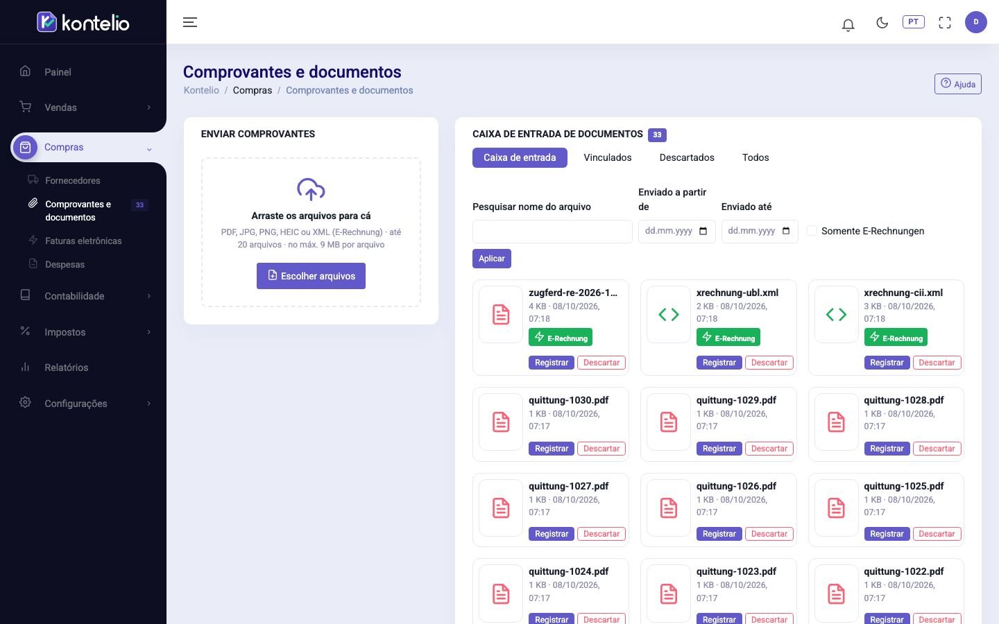 A caixa de entrada de comprovantes com área de envio e filtros