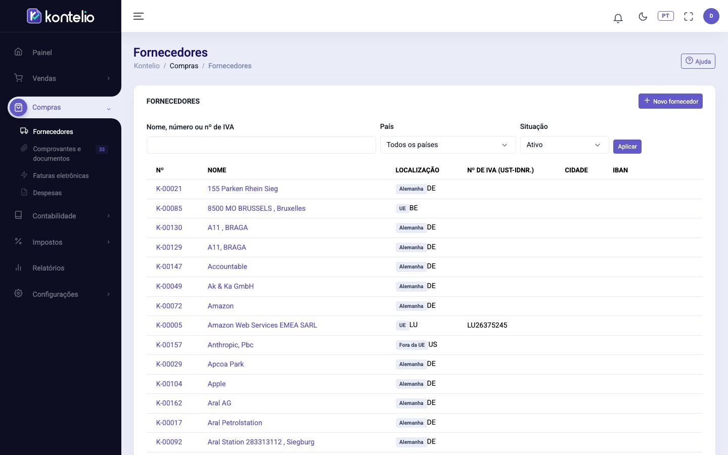 A lista de fornecedores com pesquisa e filtros