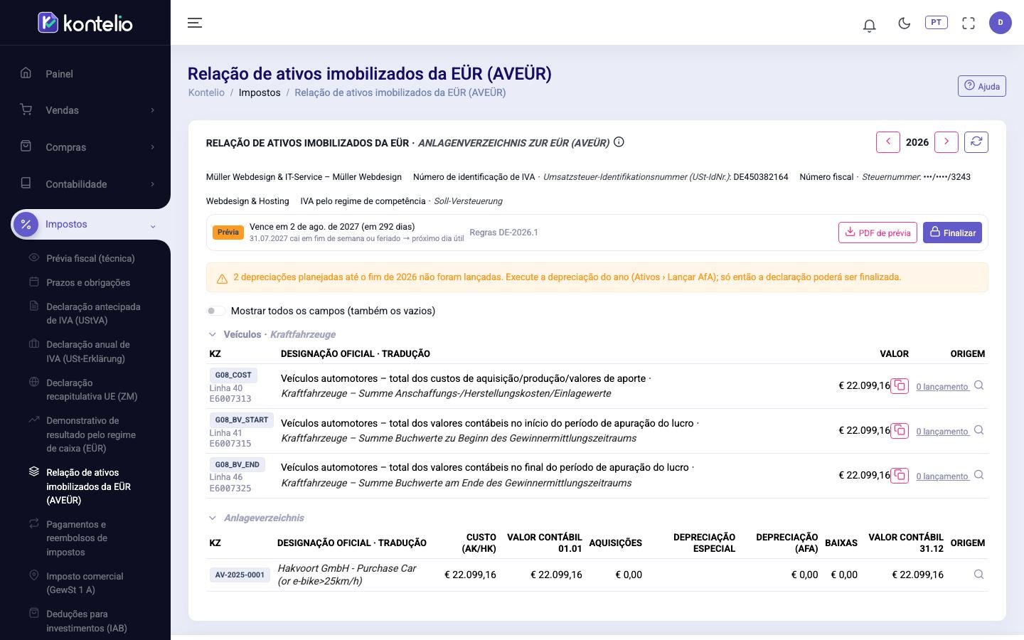 A Anlage AVEÜR de uma atividade com as colunas do formulário