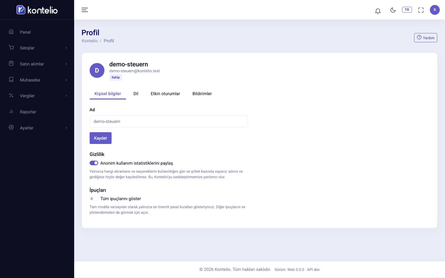 Kişisel bilgiler sekmesiyle profil