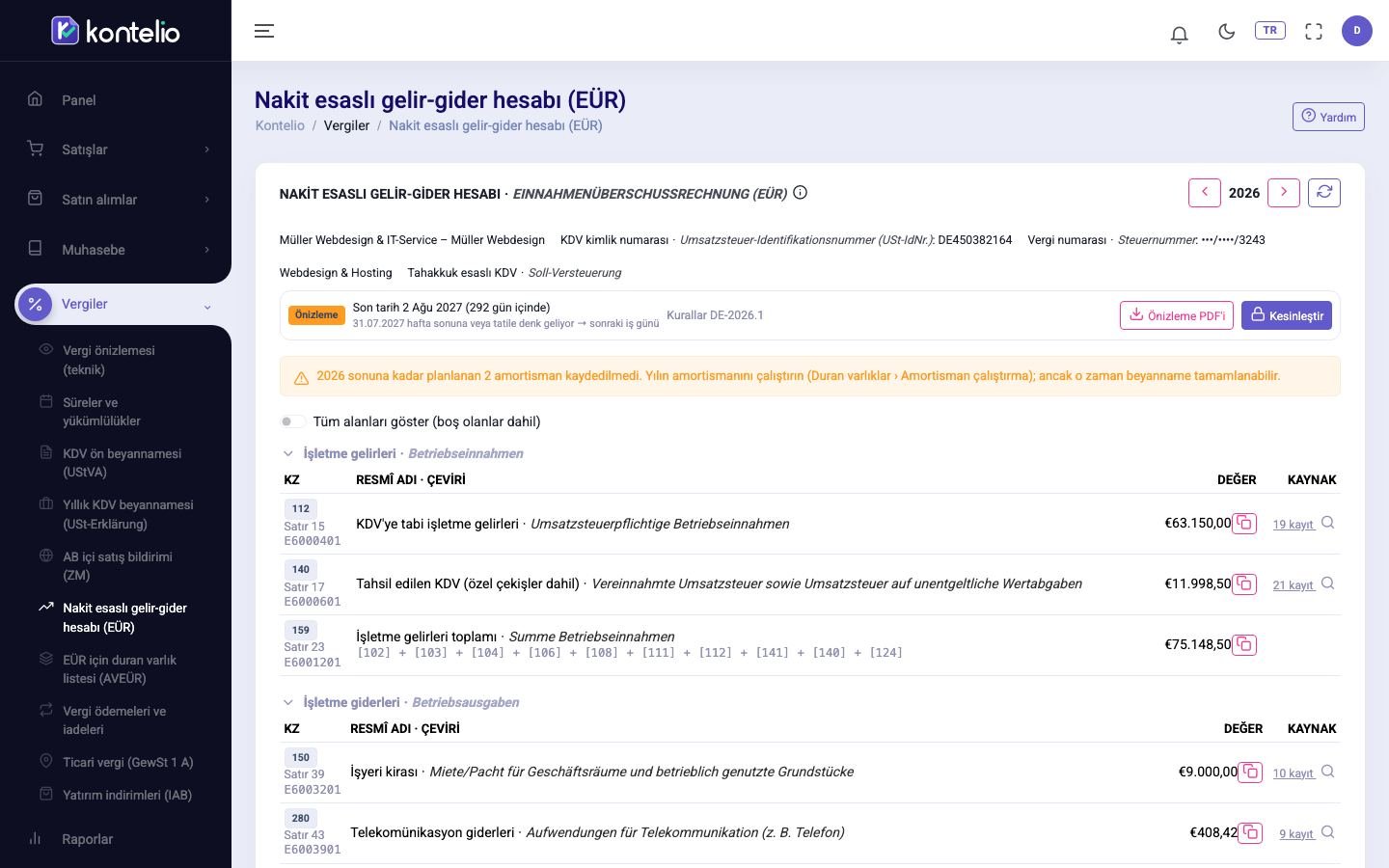 Önizleme durumunda bir faaliyetin Anlage EÜR'ü