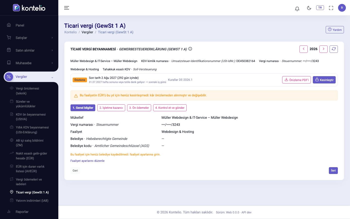 Kontelio’dan ekran görüntüsü: Gewerbesteuer